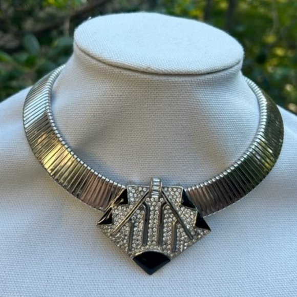 VTG CINER Silver Wide Omega Choker Rhinestone Black Enamel Pendant NECKLACE
